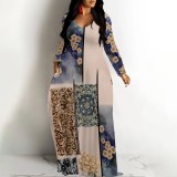 1 Custom Casual Printed Long Sleeve V Neck Long Dresses