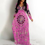 1 Custom Casual Printed Long Sleeve V Neck Long Dresses
