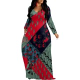 1 Custom Casual Printed Long Sleeve V Neck Long Dresses