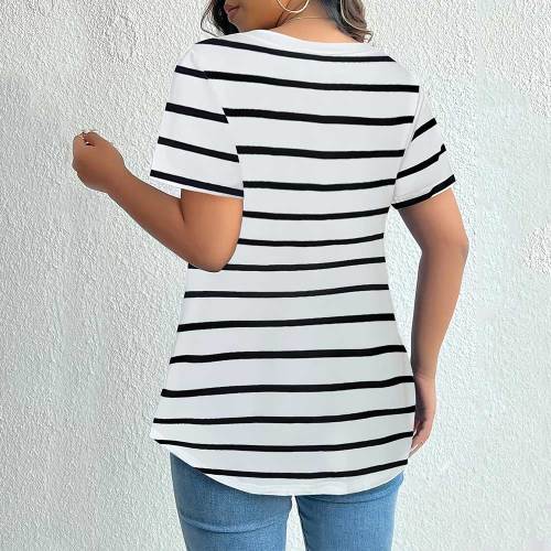 Woman Short Sleeve Shirt Black Striped Boat Neck Plus Size Top