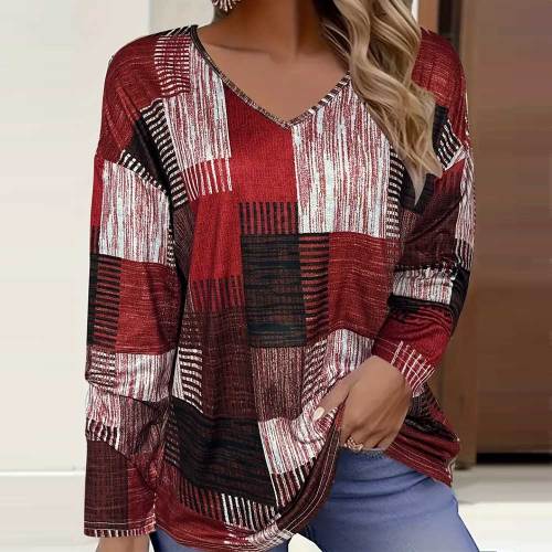 Plus Size Casual Tops Women's Patchwork Print Long Sleeve V Neck T-shirt