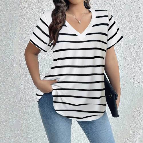Woman Short Sleeve Shirt Black Striped Boat Neck Plus Size Top