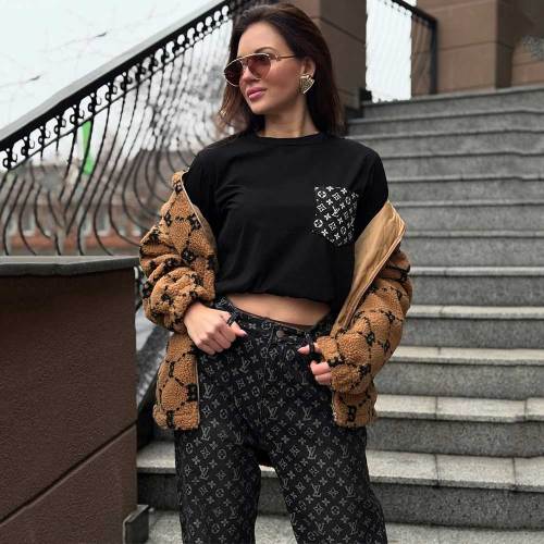 Casual Short Sleeve T-shirt Jacquard Wide-Leg Jeans Suit