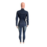 Women Retro Style Long Sleeve Denim Jumpsuit