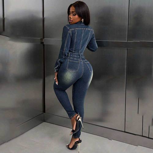 Women Retro Style Long Sleeve Denim Jumpsuit