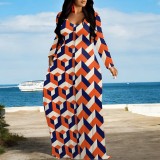 1 Custom Casual Digital Printing V Neck Long Dress with Pockets