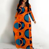 1 Custom Casual Digital Printing V Neck Long Dress with Pockets