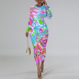 1 Custom Casual Digital Printing O Neck Long Sleeve Midi Dress