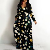 1 Custom Casual Digital Printing V Neck Long Dress with Pockets