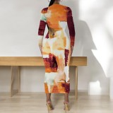 1 Custom Casual Digital Printing O Neck Long Sleeve Midi Dress