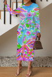 1 Custom Casual Digital Printing O Neck Long Sleeve Midi Dress