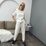 Spring Casual Embroidery Jacquard Ribbon Short Sleeve Pants Set