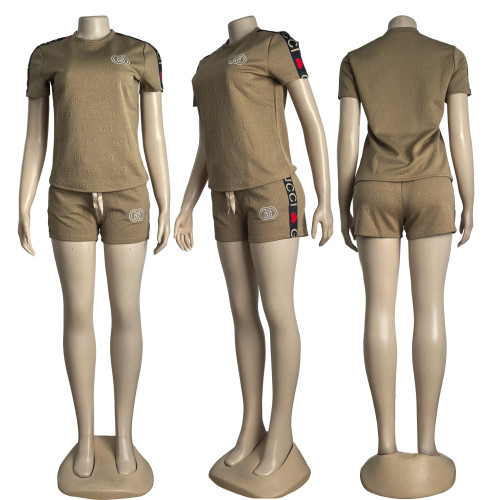 Fashion Ladies Jacquard Short Sleeve Sports Shorts Set with Floral Belt