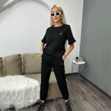 Spring Casual Embroidery Jacquard Ribbon Short Sleeve Pants Set