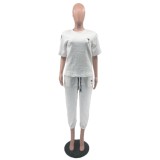Spring Casual Embroidery Jacquard Ribbon Short Sleeve Pants Set