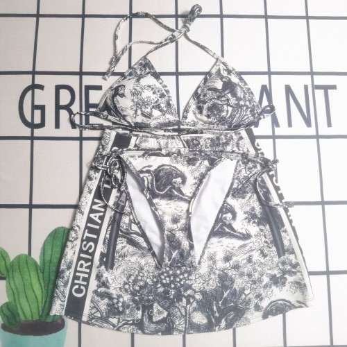 Summer Printed Padded Hatler Backless Three Piece Bikini Swimwears