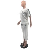 Spring Casual Embroidery Jacquard Ribbon Short Sleeve Pants Set