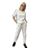 Spring Casual Embroidery Jacquard Ribbon Short Sleeve Pants Set