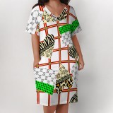1 Custom Casual Digital Printing V Neck Plus Size Midi Dresses