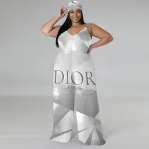 1 Custom Casual Digital Printing V-neck Straps Wide-leg Long Jumpsuit with headscarf