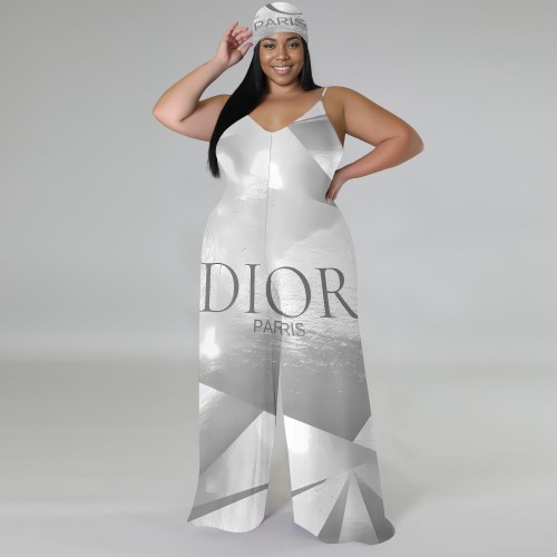 1 Custom Casual Digital Printing V-neck Straps Wide-leg Long Jumpsuit with headscarf
