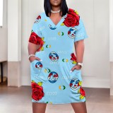 1 Custom Casual Digital Printing V Neck Plus Size Midi Dresses