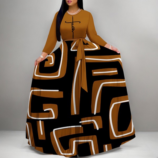 1 Custom Casual Digital Printing 3/4 Sleeve V Neck Long Dress With Pockets + Belt