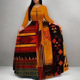 1 Custom Casual Digital Printing 3/4 Sleeve V Neck Long Dress With Pockets + Belt