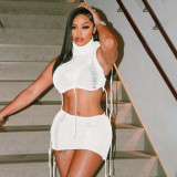 Summer 2 Piece Crochet Knit Hoodie Crop Top Bodycon Mini Skirts Club Wear