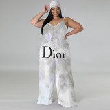 1 Custom Casual Digital Printing V-neck Straps Wide-leg Long Jumpsuit with headscarf