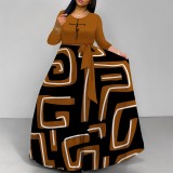 1 Custom Casual Digital Printing 3/4 Sleeve V Neck Long Dress With Pockets + Belt