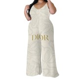 1 Custom Casual Digital Printing V-neck Straps Wide-leg Long Jumpsuit with headscarf