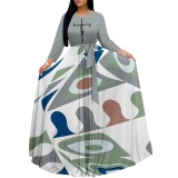 1 Custom Casual Digital Printing 3/4 Sleeve V Neck Long Dress With Pockets + Belt