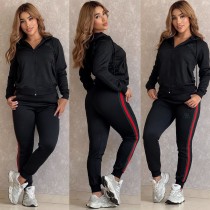 Casual Jacquard Zipper Long Sleeve Sportswear Hoodie Sweatshirt Pant Set