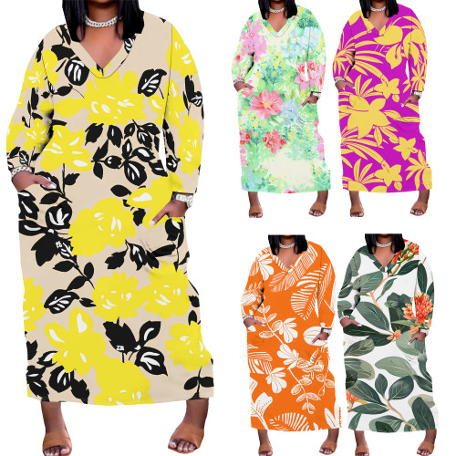 1 Custom Casual Digital Printing V Neck Plus Size Maxi Dresses With Pockets