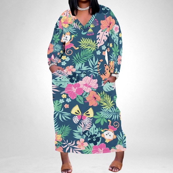1 Custom Casual Digital Printing V Neck Plus Size Maxi Dresses With Pockets