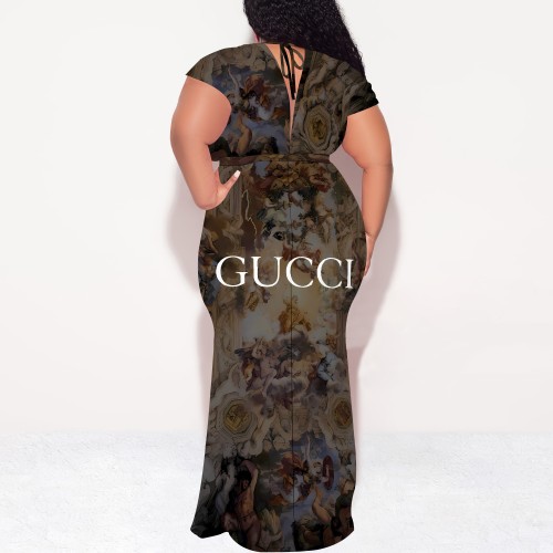 1 Custom Casual Digital Printing V Neck Plus Size Maxi Dresses With Belted