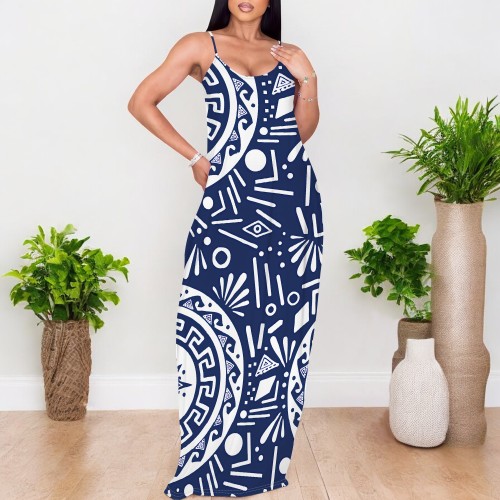 1 Custom Casual Digital Printing V Neck Straps Long Dresses