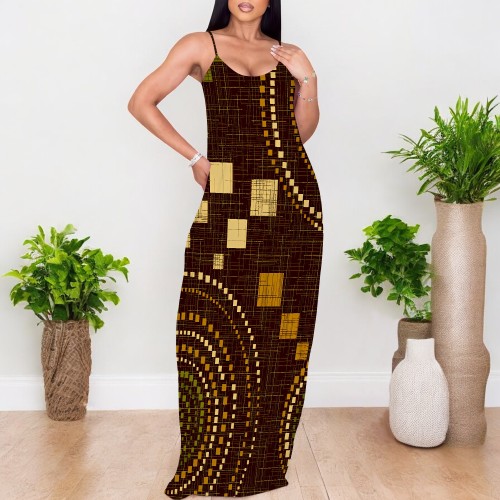 1 Custom Casual Digital Printing V Neck Straps Long Dresses