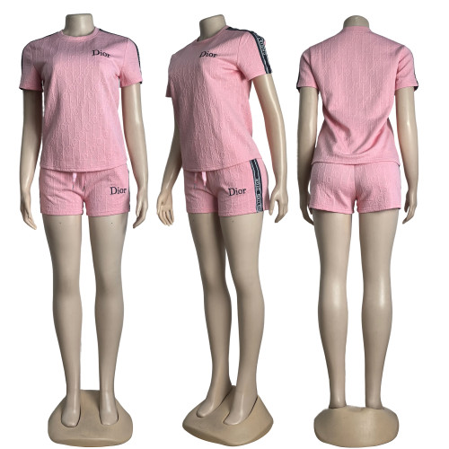 Fashion Ladies Jacquard Embroidered Short Sleeve Sports Shorts Set