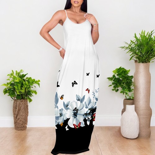 1 Custom Casual Digital Printing V Neck Straps Long Dresses