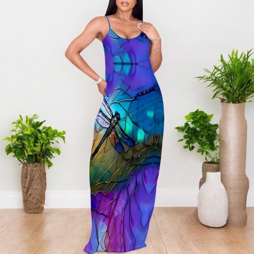 1 Custom Casual Digital Printing V Neck Straps Long Dresses