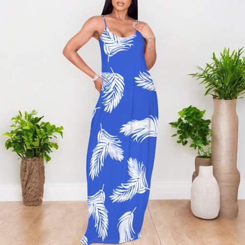 1 Custom Casual Digital Printing V Neck Straps Long Dresses