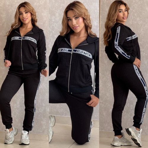Casual Jacquard Zipper Long Sleeve Sportswear Hoodie Sweatshirt Pant Set