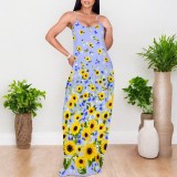 1 Custom Casual Digital Printing V Neck Straps Long Dresses