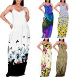1 Custom Casual Digital Printing V Neck Straps Long Dresses