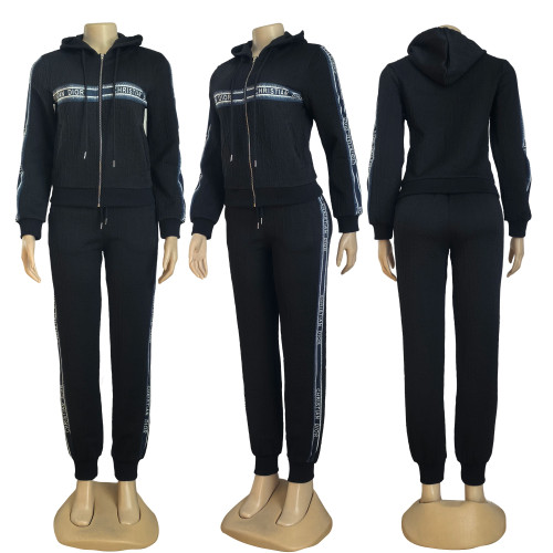 Casual Jacquard Zipper Long Sleeve Sportswear Hoodie Sweatshirt Pant Set