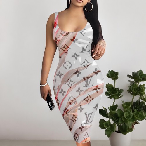 1 Custom Casual Digital Printing U Neck Sleeveless Midi Dress