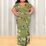 1 Custom Casual Digital Printing V Neck Plus Size Maxi Dresses With Belted