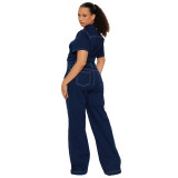 Loose Elastic Bodysuit Wide Leg Pants Flare Washed Short Sleeve Denim Jumpsuit